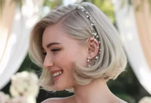 Penteado noiva curto com pérolas
