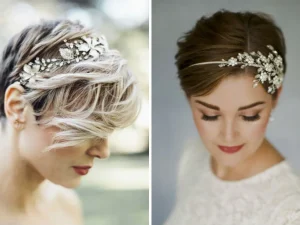 Noiva com pixie cut e tiara de cristais no dia do casamento